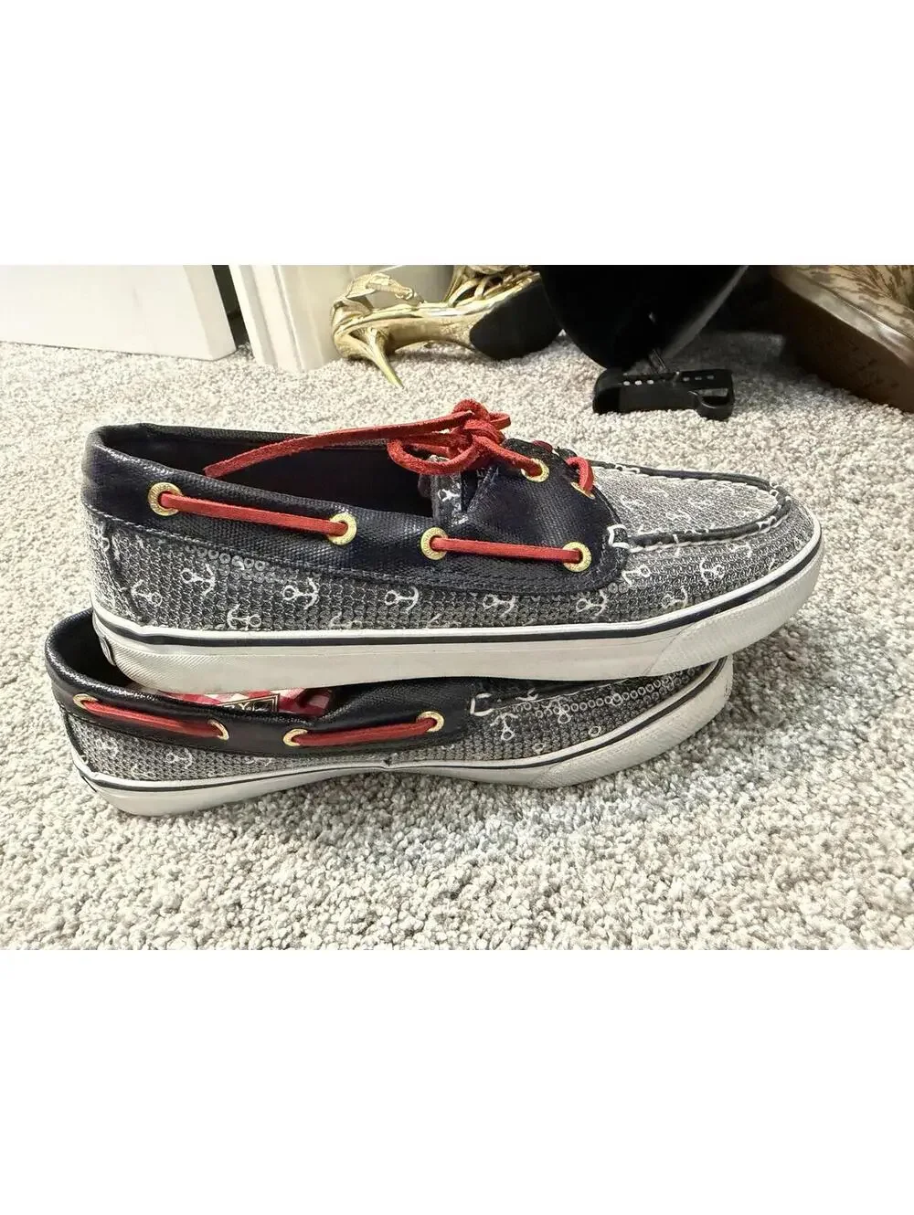 Sperry Top-Sider Navy White Anchor Print Boat Shoes Size 7